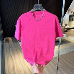 Camiseta de algodón de lujo para hombre al por mayor, personalizada, lisa, blanca, negra, extragrande, estilo casual, con estampado sólido, pedrería y hombro caído - Product Image 3