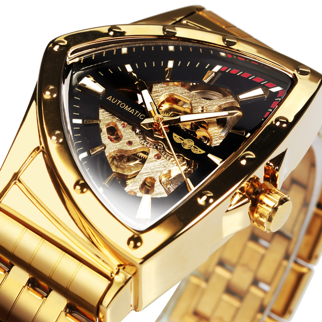 WINNER 526 Triangle Skeleton Gold Black Watch for Men Automatic Mechanical Wristwatch Irregular Luxury Stainless Steel  Relogio