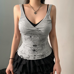 Débardeur tricoté respirant à imprimé floral Y2K, effet deux pièces, coupe ajustée contrastante sans manches pour femme - Product Image 4