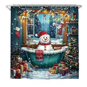 Rideau de Douche en Polyester Imprimé Numérique Motif Bonhomme de Neige Teal, Scène de Bain, Imperméable, Impression Personnalisée, Vente en Gros, Moderne - Product Image 5