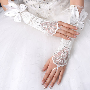 Gants de mariée perlés de <span class=keywords><strong>mariage</strong></span>, gants en satin sans doigts coude nœud papillon mitaines pour fête - Product Image 6