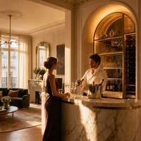 Meuble de rangement sur mesure pour salle à manger avec casier à vin intégré, unité murale et étagères vitrées