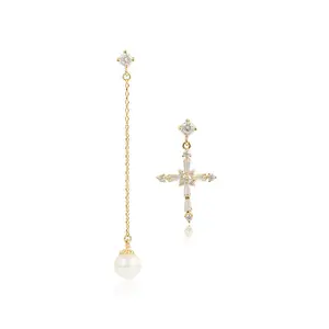 YME-731 xuping珠宝经典设计魅力优雅十字吊坠钻石14k镀金珍珠耳环