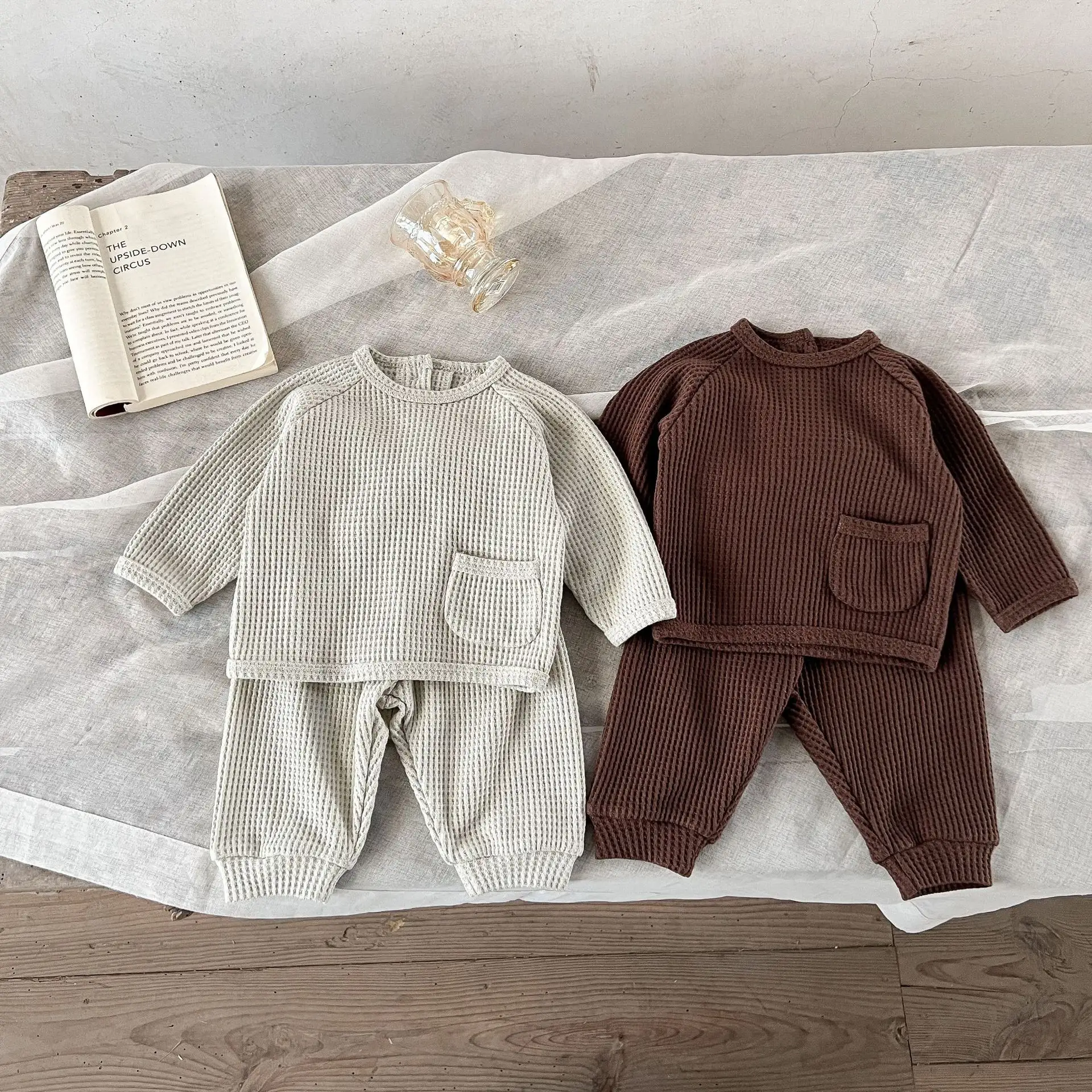 Musim Semi jatuh bayi balita anak laki-laki perempuan Waffler Pullover Sweatshirt celana 2pcs setelan pakaian pakaian baju bayi Sweatshirt set
