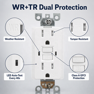 เต้ารับ GFCI แบบทดสอบตัวเองได้ BAREP CULus Listed 15A 125V รุ่น TR WR พร้อมไฟ LED สำหรับใช้ภายนอกอาคาร เช่น ห้องครัวและห้องน้ำ - Product Image 3