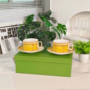 Juego de Taza y Platillo de Porcelana Fina Premium, Vajilla Geométrica Amarilla para Té y Regalos - Product Image 3