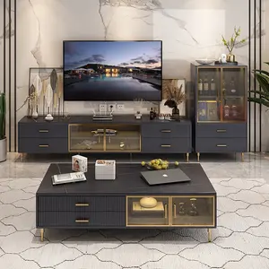 NOVA Light Luxury Living Room Tea Coffee Table With Drawers Black Solid Wood Tambour Board Design Center Tables Set Furniture