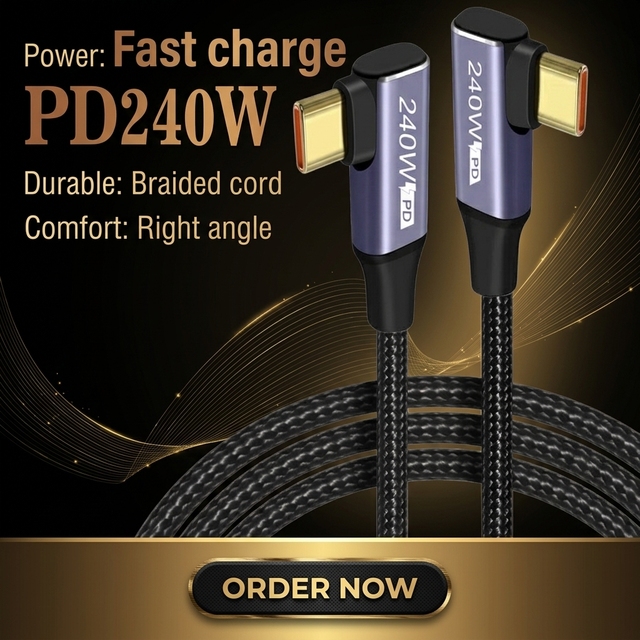 right angle Type-C Data Cable USB-C to C Fast Charging PD240W Fast Charging Cable 480Mbps Data for Laptop Mobile Phone
