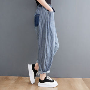 Vente en gros <span class=keywords><strong>2023</strong></span> jeans à rayures verticales femmes été ample grande taille élastique cordon Capris décontracté maigre Harlan <span class=keywords><strong>jean</strong></span> - Product Image 2