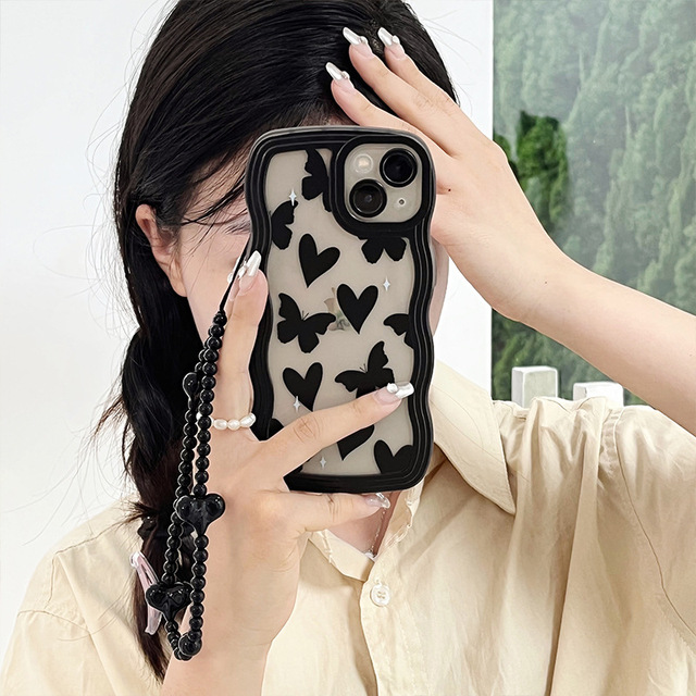 New Love Butterfly Black  Soft Curly Wave Cover Phone Case for iPhone 13 11 12 15 14 Pro Max XR XS X 6 7 8 Plus SE 17 Pro Max