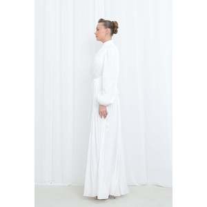 Robe de soirée moderne pour femme en satin texturé plissé à manches longues - 17029ELB - ECRU - Product Image 3