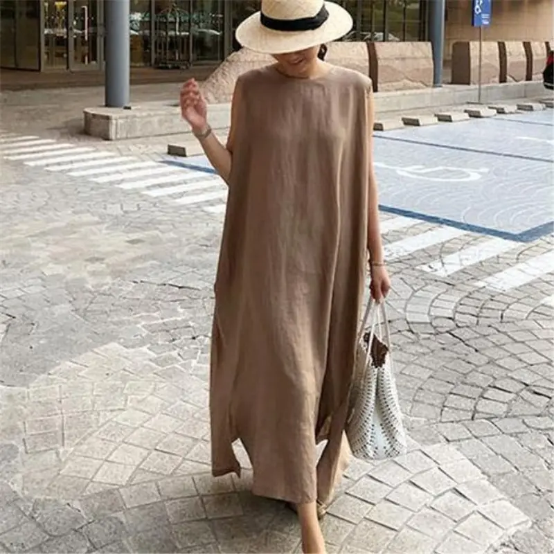 Japanese Korea style loose cotton linen dress sleeveless long dress