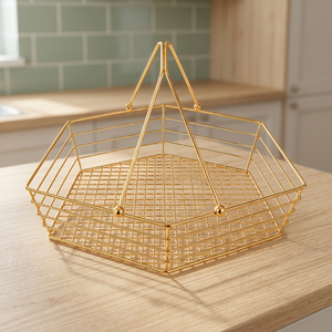 Panier de rangement en fil d'acier inoxydable plaqué or, forme polygonale, organisateur de cuisine minimaliste, multifonctionnel, type crochet, à un seul niveau - Product Image 4