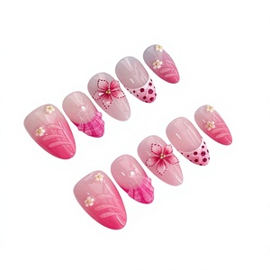 <span class=keywords><strong>Uñas</strong></span> Postizas de Color <span class=keywords><strong>Rosa</strong></span> Degradado con Diseño de Puntos Franceses y Flores de Hielo, Decoradas con Pedrería, Forma de Almendra, Cortas, Modernas y Elegantes - Product Image 1