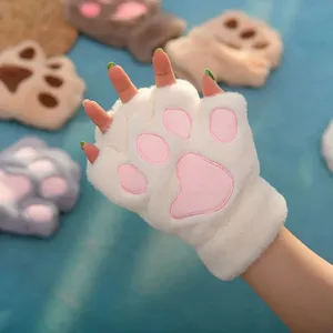 Cartone animato simpatico gatto artiglio zampa guanti da donna peluche caldo morbido peluche corto soffice orso senza dita guanti da gatto Costume mezzo dito