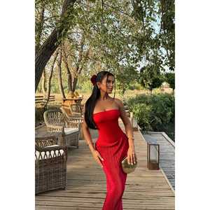 Robe maxi vintage rouge, transparente, en matière légère de spandex, tailles XL à 6XL, à volants, pour les fêtes, les vacances, le printemps et l'automne - Product Image 2