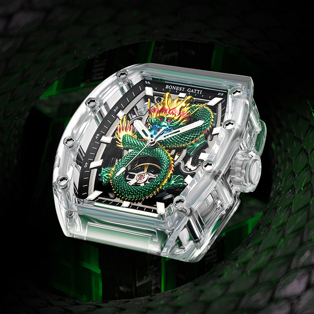 Bonest Gatti Custom Logo Luxury Glass Watch Case Watch Mirror Hollow Out Mechanical Automatic Watch BG9980
