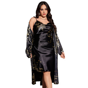 Set Pigiama Casual <span class=keywords><strong>da</strong></span> <span class=keywords><strong>Donna</strong></span> <span class=keywords><strong>Taglie</strong></span> <span class=keywords><strong>Forti</strong></span> con Stampa Floreale in Materiale Satinato Vita Elastica con Lacci Camicia <span class=keywords><strong>da</strong></span> <span class=keywords><strong>Notte</strong></span> e Pantaloni Lunghi Due Pezzi - Product Image 2