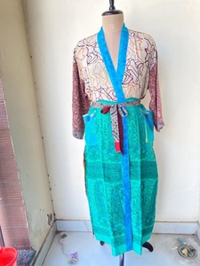 Women Crepe Silk <b>Kimono</b> <b>Robe</b> Full Length V-Neck <b>Long</b> Sleeve Casual Wear Summer Style Soft Woven 100% Cotton - Product Image 3