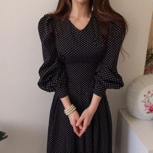 Korean-chic Spring/summer Elegant Vintage V-neck High-Waisted Lantern-sleeve Waist-cinching Figure-flattering Lace-up <strong>Dress</strong> - Product Image 2