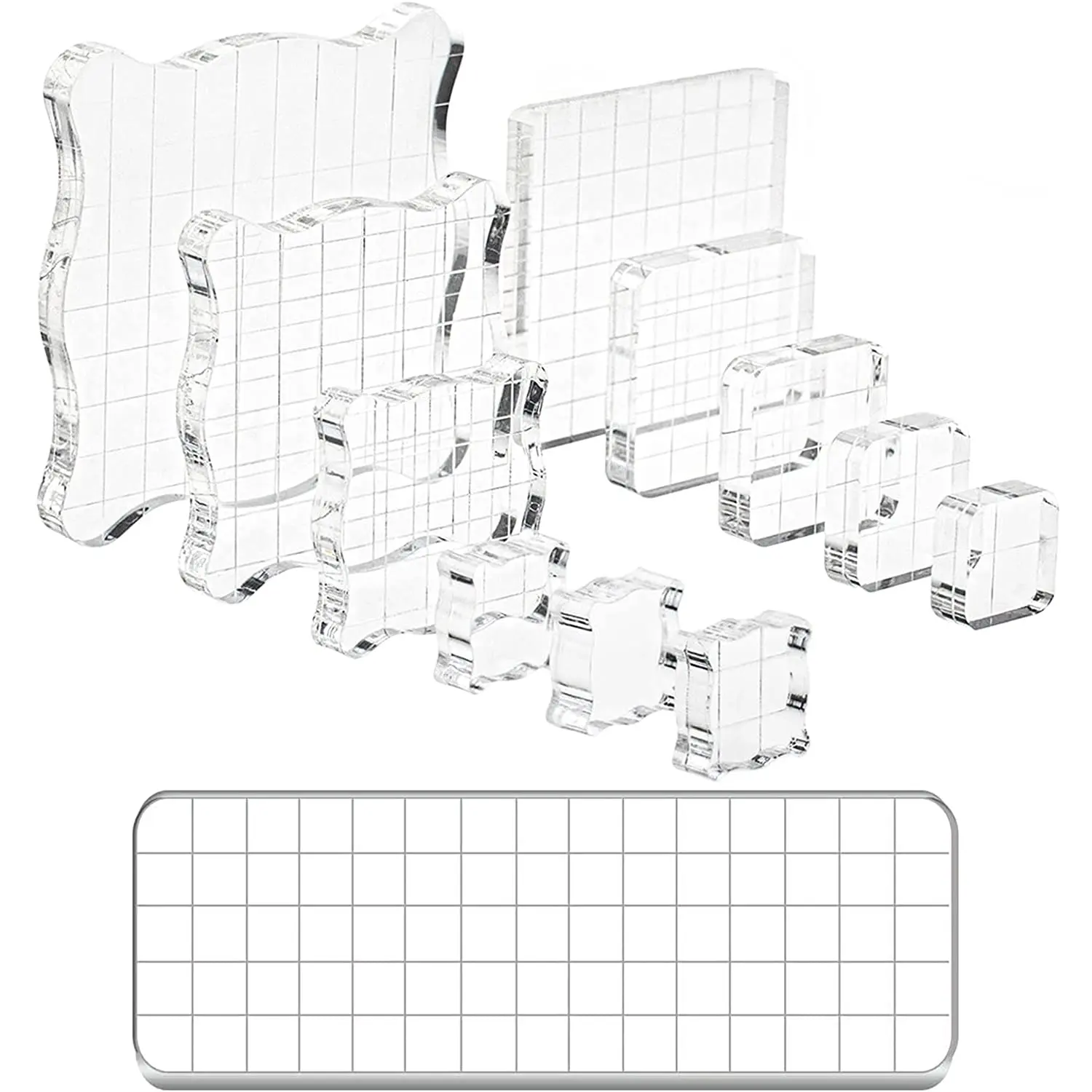 12 Pieces Clear Acrylic Stamping Blocks Tools Set with Grid Lines for Scrap booking Crafts Card Making Assorted Sizes