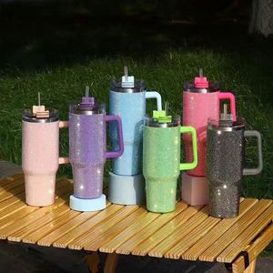 Gobelet isotherme géant de 40 oz en acier inoxydable 304, sans BPA, incrusté de diamants, avec poignée, pour la vente en gros - Product Image 2