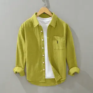 M-3XL Turnover collar ramie shirt Men's casual breathable top Fashionable cotton and linen solid color loose jacket