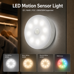 Round Motion Sensor Night <b>Light</b> RGB three-colour dimmable LED night <b>light</b> powered by battery for Bedroom Cabinet Stairway - Product Image 1