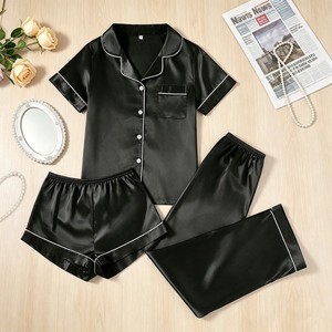 Nuevo Conjunto <span class=keywords><strong>de</strong></span> Pijama <span class=keywords><strong>de</strong></span> Tres Piezas en Satén Premium <span class=keywords><strong>de</strong></span> Color Sólido, Casual y Suave <span class=keywords><strong>para</strong></span> Primavera, Verano y Otoño - Product Image 1