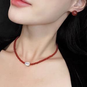 Collar de Perlas Barrocas de Agua Dulce Retro Francés, Cadena con Cuentas de Ágata Roja Alegre, Collar de Moda para Regalo de Amigas - Product Image 4