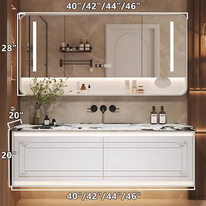 Mobile Bagno di Lusso Intagliato Bianco a Parete con Doppio Cassetto, Lavabo Integrato e Armadietto a Specchio LED Intelligente Anti-Appannamento - Product Image 2