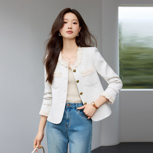 Chic Short Blazer With Lace Trim Light Green Solid Color Woven Polyester Women's Jacket Autumn 2025 French Style Top - Product Image 4