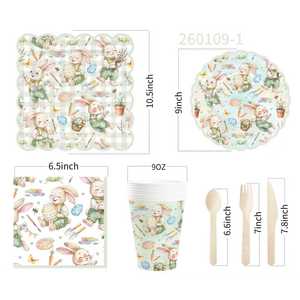 DAMAI - Vajilla de Papel para Fiesta de Pascua, Platos, Vasos y Servilletas con Diseño de Conejo Verde y Flores Primaverales, para 8 Personas - Product Image 6
