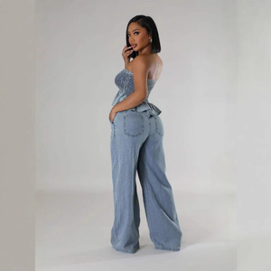 Femmes taille haute mode Denim 2 pièces ensemble ourlet plissé élastique haut sans bretelles exposé nombril large jambe pantalon <span class=keywords><strong>jean</strong></span> décontracté Logo - Product Image 3