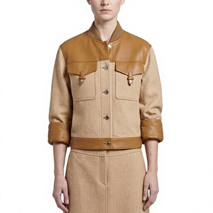 <b>Women</b> Leather Trim Wool Bomber Jacket Beige Camel Contrast Patchwork Cropped Short <b>Coat</b> Designer Ladies Outerwear - Product Image 1
