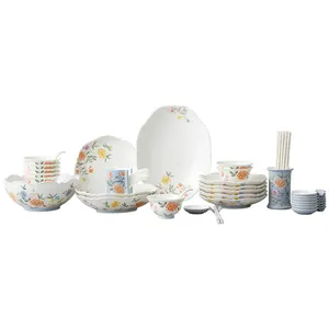 Aurartic Elegant Western Modern Restaurant Flower 52 PCS 8 Person Use Ceramic Tableware Porcelain Floral Dinnerware Dinner Sets