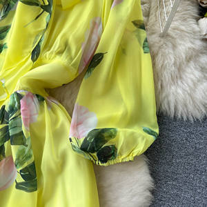Fiocco personalizzato in vita mostra un vestito stampato in <span class=keywords><strong>Chiffon</strong></span> floreale Super <span class=keywords><strong>giallo</strong></span> sottile da donna - Product Image 4
