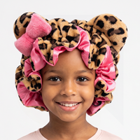 Bonnet de nuit en gros pour enfants, extérieur en peluche, intérieur en satin, bord festonné, nœud, oreilles d'ours, 28 cm de diamètre, assortiment de six couleurs pour filles
