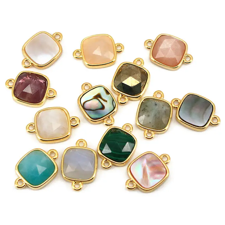 JF8709 Dainty Gold Plated Faceted Natural Labradorite Semiprecious Stone Gemstone Square Bezel Two Ring Connector