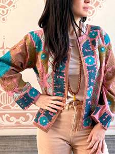 Boho Suzani Floral <b>Short</b> Quilted Eco-Friendly Cotton Button Woven Winter <b>Jacket</b> High Quality Women's Outerwear - Product Image 2