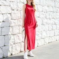 Robe longue décontractée sans manches pour femme, col rond, fente latérale, coupe ample, style sportswear, tenue quotidienne