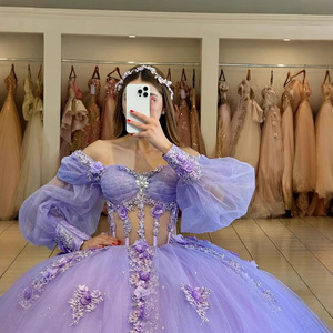 Off-Shoulder Floral Puff Sleeve Ball Gown Dress Empire Waist Organza Evening Dress For Birthday Party Adult - Product Image 3