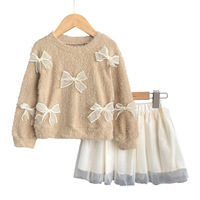 Ensemble deux pièces pour bébé fille avec nœud 3D, pull moelleux et jupe en tulle, tenue décontractée et mignonne pour les fêtes