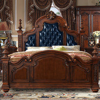 Lit double américain en bois massif avec cuir véritable, lit de mariage rétro européen de luxe, mobilier haut de gamme