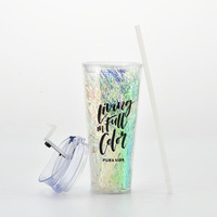 650ml 이중벽 투명 스노우볼 텀블러 PC 아크릴 DIY 컵 뚜껑 빨대 식품 등급 진공 단열 오피스 컵 파티 행사용