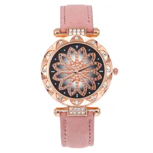 New diamond-set abrasive leather strap women's watch petal diamond quartz watch