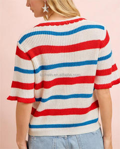 Camiseta de punto de manga corta a <span class=keywords><strong>rayas</strong></span> del 4 de julio para <span class=keywords><strong>mujer</strong></span>, roja, blanca <span class=keywords><strong>y</strong></span> <span class=keywords><strong>azul</strong></span>, patriótica, con cuello en V, estilo <span class=keywords><strong>polo</strong></span>, holgada, informal, para verano - Product Image 3