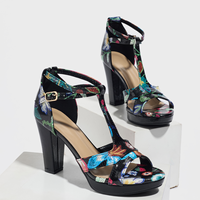 Chaussures d'été chic et sexy à imprimé floral, à talons compensés, à bout ouvert, avec bride en T et boucle à la cheville, soutien de la voûte plantaire, polyvalentes pour le quotidien et le shopping
