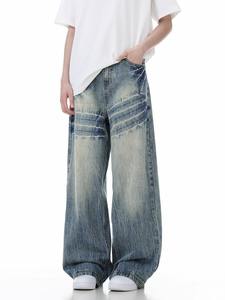 Jeans américains à motif de foudre délavé pour hommes, pantalon large rétro et <span class=keywords><strong>beau</strong></span>, pantalon ample de rue haute - Product Image 4