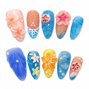 Faux Ongles Stiletto à Pression Motif Floral Pastel avec Fleurs 3D, Perles et Paillettes pour Salon et Soirées - Product Image 1